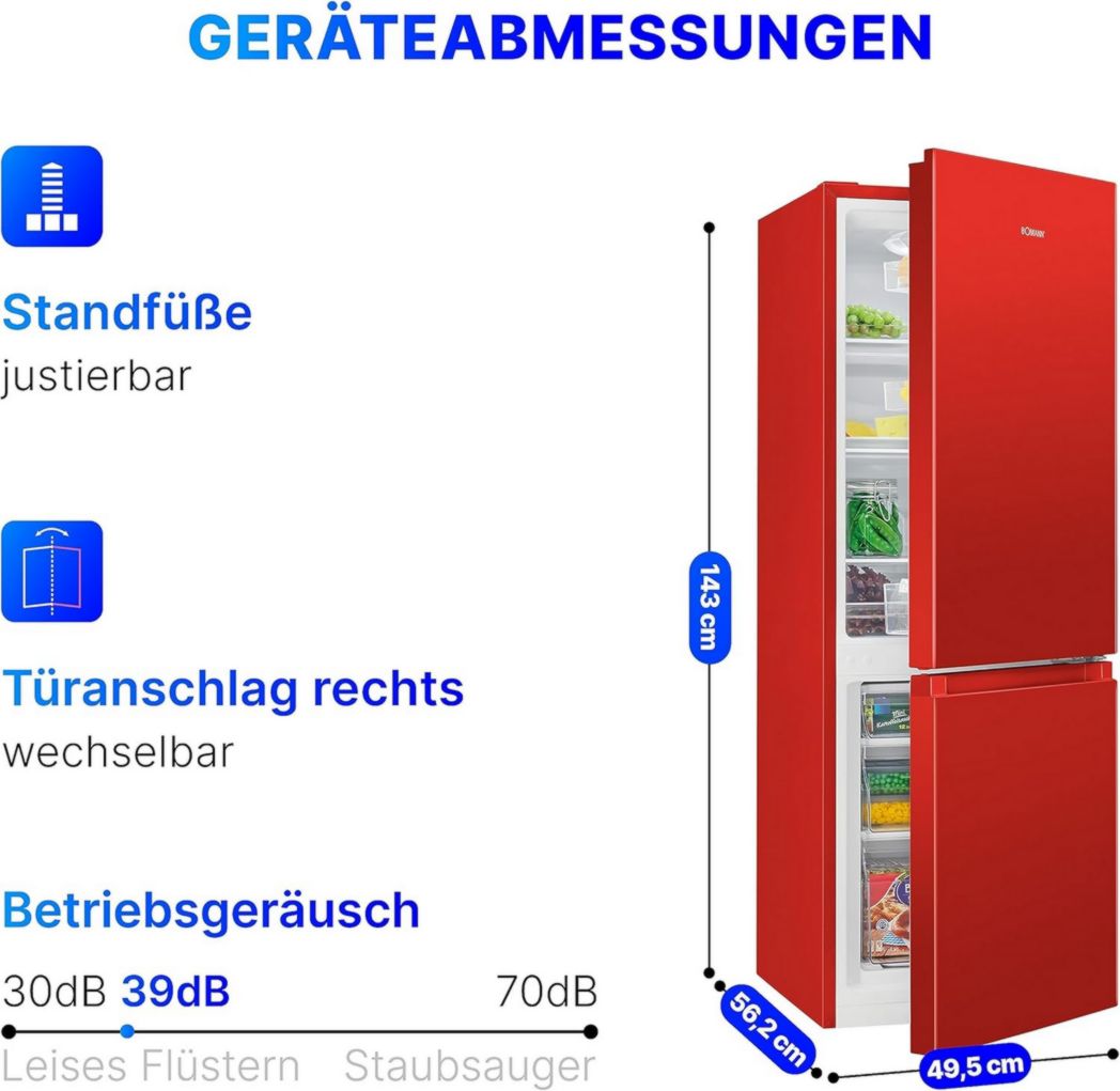 Réfrigérateur et congélateur Bomann KG320, 175 L, contrôle de température continu, charnières de porte à droite, interchangeables, pieds réglables, noir