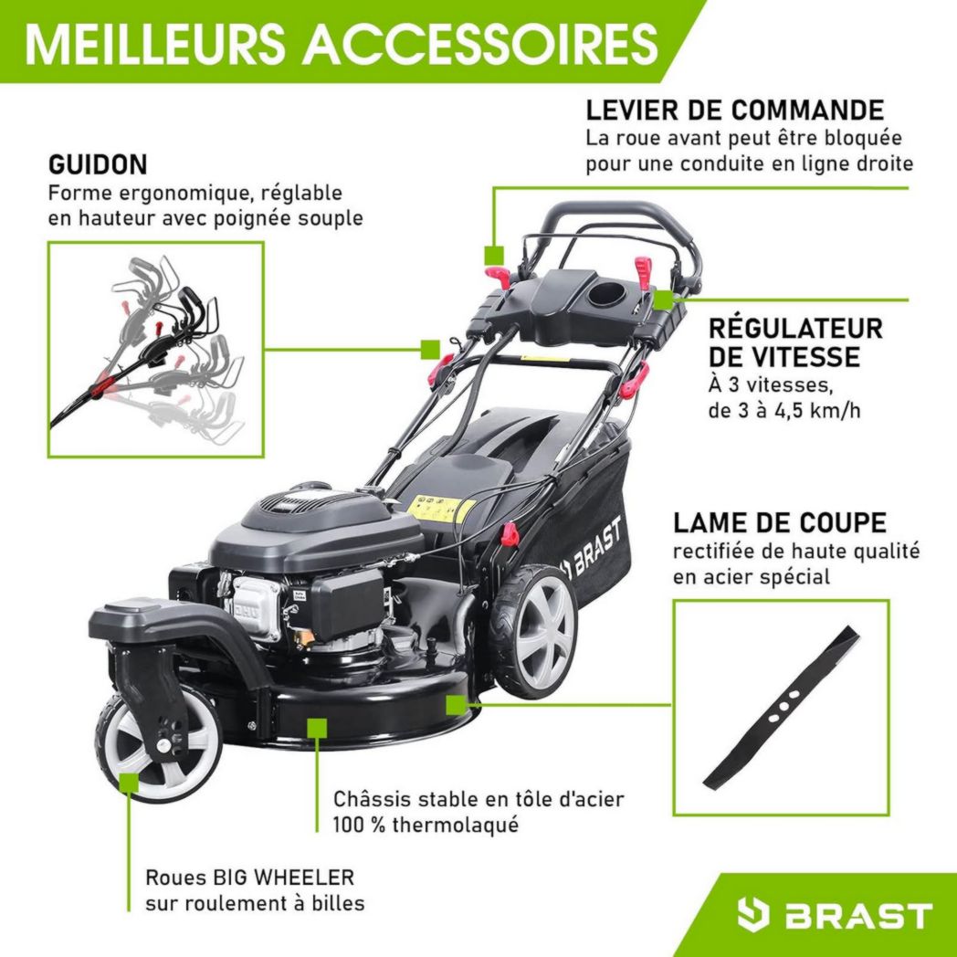 Tondeuse thermique 3 roues BRAST TRIKE E-START 224cc 53cm autotractée démarrage électrique mulching 4en1 capot tôle acier 60l - moteur 4 temps de la marque française GT réglable