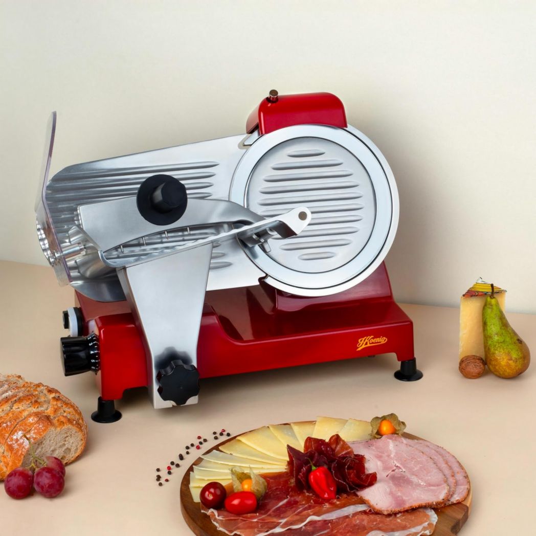Trancheuse à viande électrique H.Koenig MSX254, Charcuterie, Professionnelle, Précise, Coupe 0-12 mm, Lame 25 cm, Aiguiseur intégré, Grand plateau, 282 tr/min, Rouge