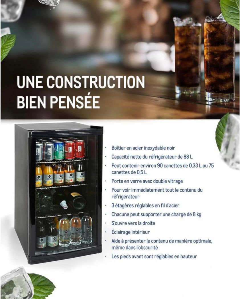 Réfrigérateur à boissons professionnel METRO GPC1088, métal/verre, 43 x 49 x 83 cm, 88 L, réfrigération statique, noir