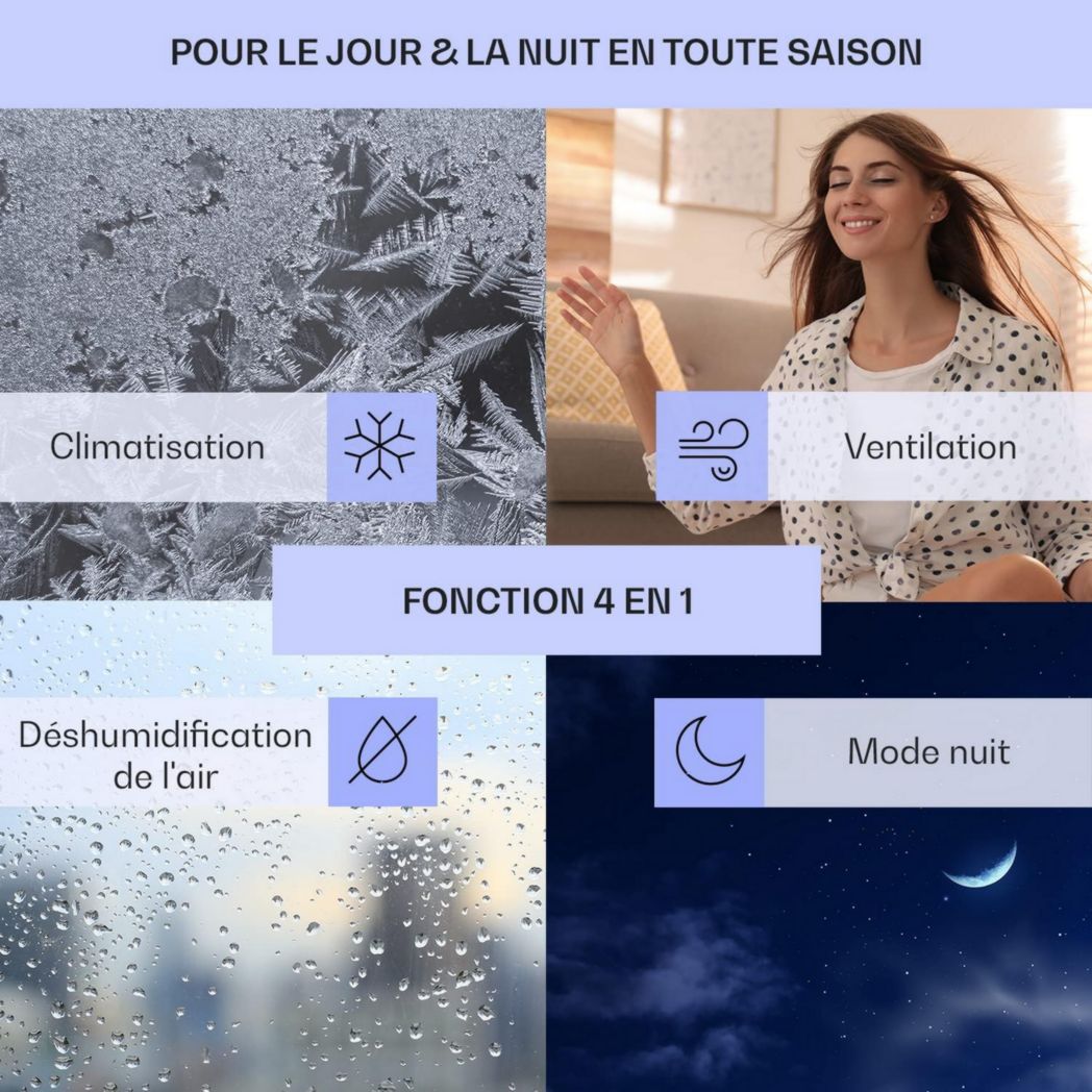 Climatiseur mobile silencieux Klarstein, 4 en 1, mode nuit, déshumidificateur, ventilateur, mini climatiseur basse consommation, évacuation, climatiseur portable, puissant, 10 000 BTU