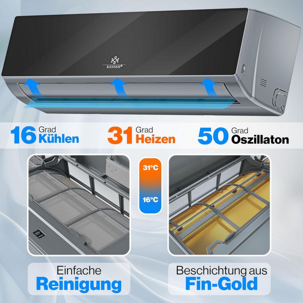 Climatiseur réversible KESSER® SET - Climatiseur avec fonction Wi-Fi/application - Refroidissement A++ / Chauffage A+, Réfrigérant R32 - Écran LCD, Split 12 000 BTU/h / 3 400 W - Anthracite