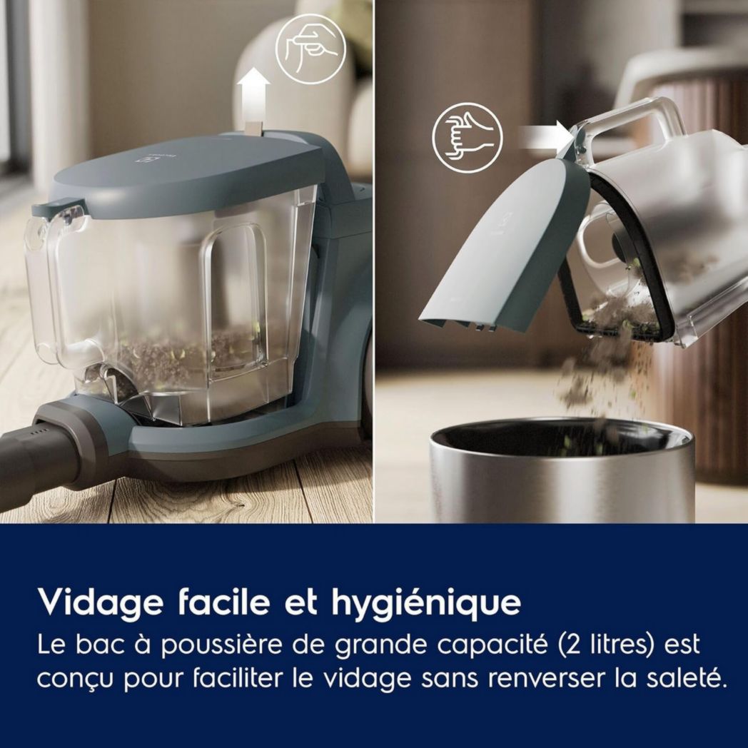 Electrolux Animal 600, aspirateur traîneau sans sac, accessoires pour poils d'animaux, filtration en 6 étapes, gain de place, technologie cyclonique, 55 % de matériaux recyclés, EL61A4UG, gris