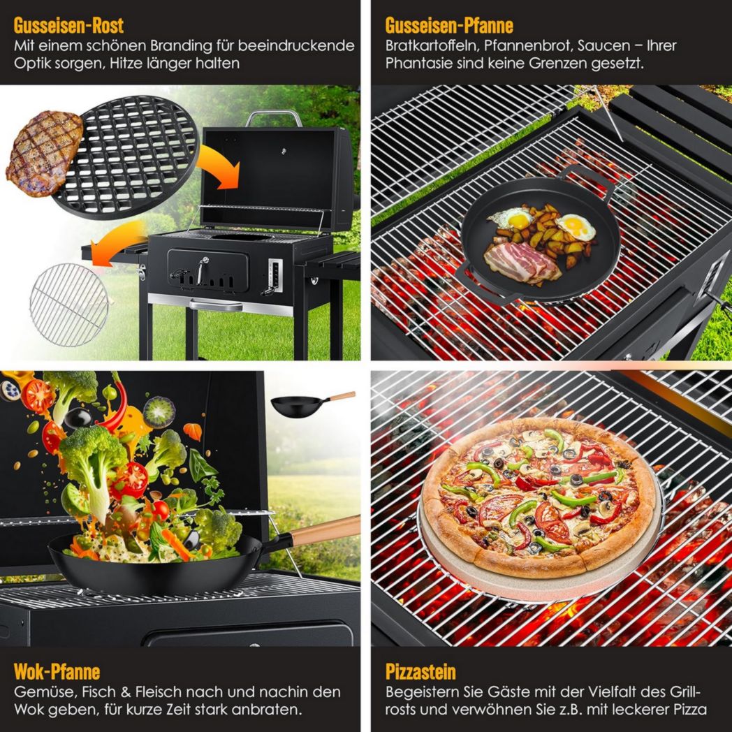 Chariot barbecue KESSER® | Barbecue à charbon XL avec couvercle, roulettes, poignée en acier inoxydable, grille et thermomètre | Grand barbecue à charbon