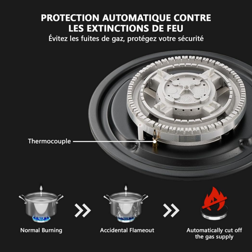 Plaque de cuisson à gaz 4 feux, plaque de cuisson 60 cm - Cuisinière encastrable - Gaz de ville et gaz en bouteille (4 feux - Verre)