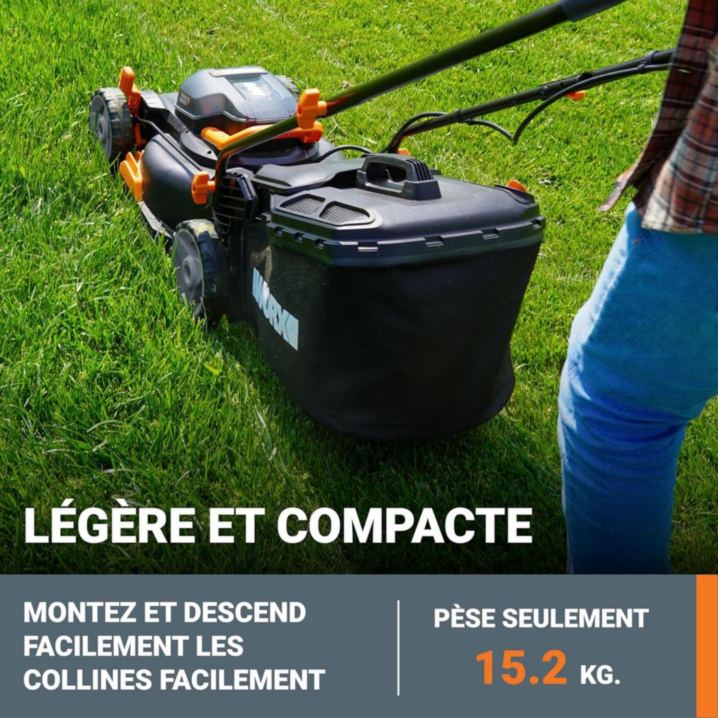 Tondeuse à gazon sans fil WORX 40 V (2 x 20 V) Max 40 cm WG734E Idéale pour un jardin jusqu'à 500 m², Powershare, 4 Ah, technologie IntelliCut Hauteur de coupe 20-80 mm