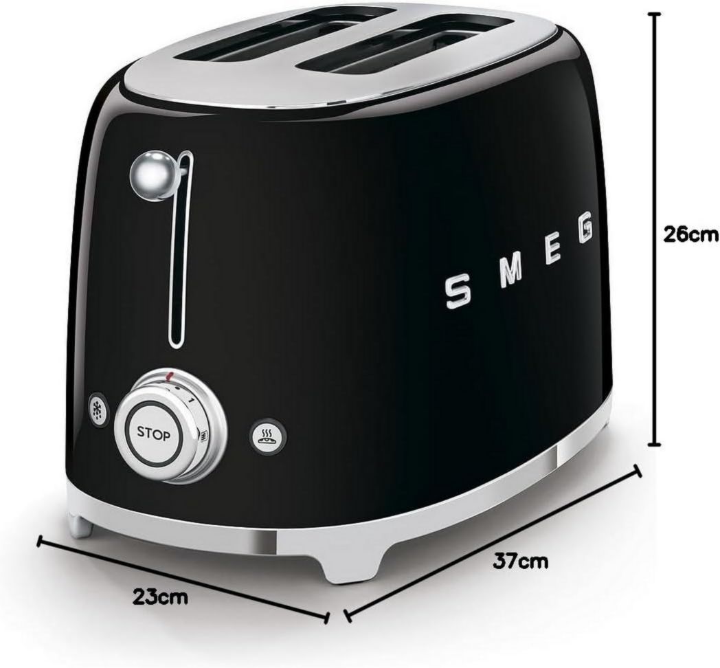Smeg, Grille-pain 2 tranches TSF01BLEU, 2 fentes 36 mm, 6 niveaux de brunissage, fonctions chauffage, décongélation et bagel, éjection automatique du pain, tiroir ramasse-miettes, 950 W, noir