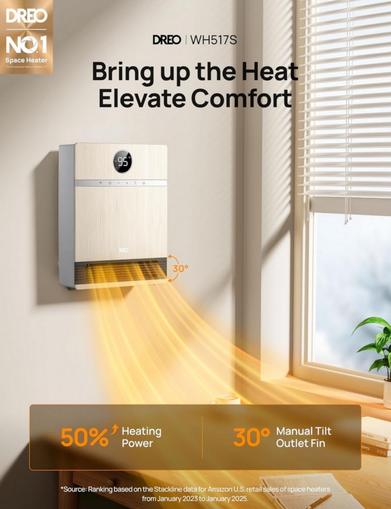 Chauffage mural intelligent Dreo - Sortie 30° - 1500 W - Thermostat réglable - Télécommande - Minuterie - Chauffage facile à monter pour l'intérieur - Fonctionne avec Alexa