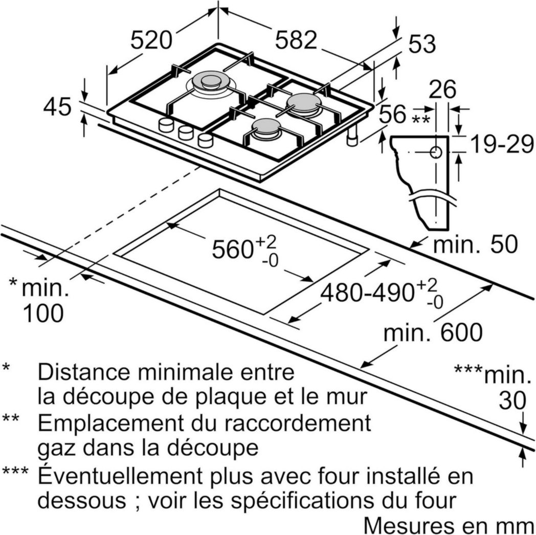 Bosch PGC6B5B90 - Table de cuisson gaz - Série 6 - 3 feux - 60 cm - Inox