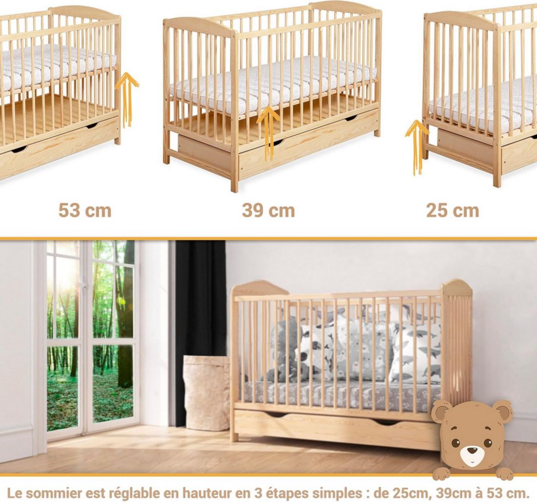 Lit bébé moto-MOLTICO 60x120 cm avec tiroir – Lit en bois réglable en hauteur, transformable en lit enfant avec barrières de sécurité – Lit bébé pour filles et garçons