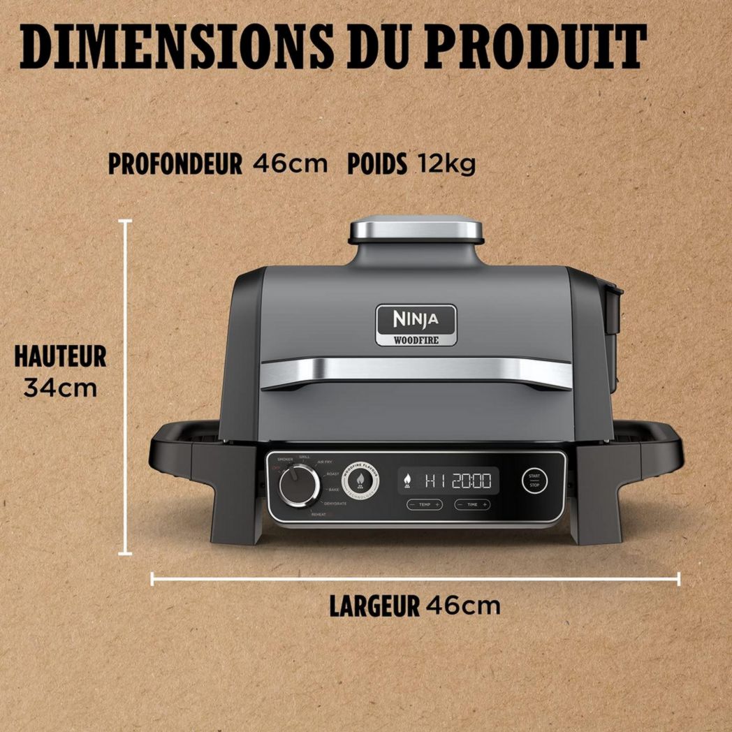 Barbecue et fumoir électrique Ninja Woodfire Pro XL avec thermomètre, barbecue d'extérieur 4 en 1 et friteuse à air avec système de cuisson intelligent et granulés de bois, portable, gris/noir, OG850EU