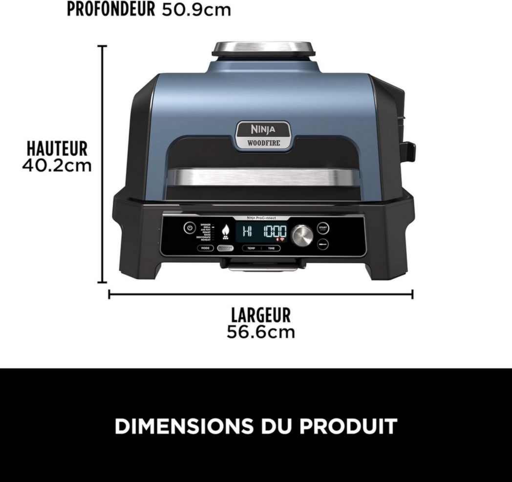 Barbecue et fumoir électrique Ninja Woodfire Pro XL avec thermomètre, barbecue d'extérieur 4 en 1 et friteuse à air avec système de cuisson intelligent et granulés de bois, portable, gris/noir, OG850EU
