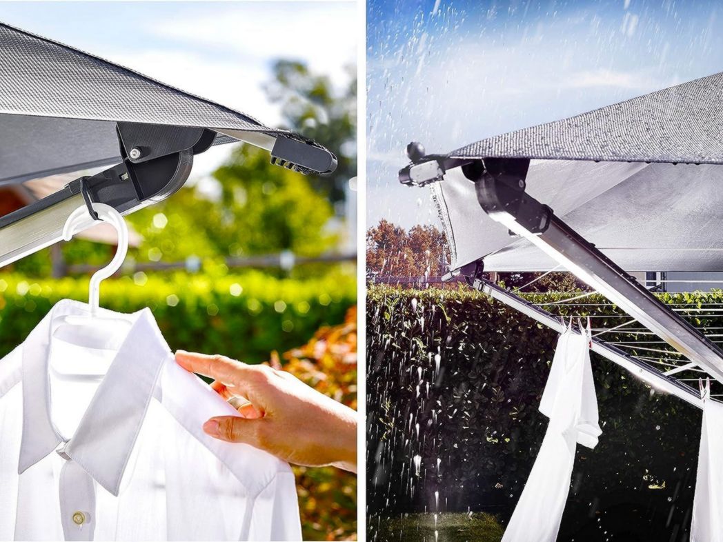 Séchoir parapluie Leifheit LinoProtect 400, séchoir parapluie d'extérieur avec toit étanche, séchoir à linge inclus 8 œillets pour cintres et prise de sol