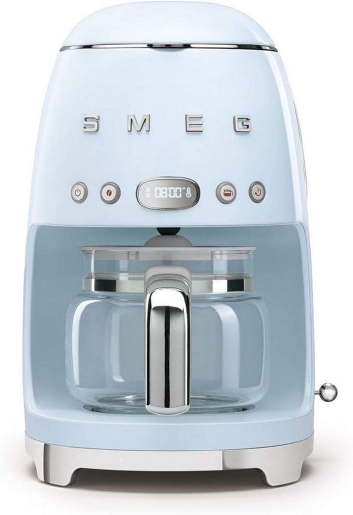 Smeg, DCF02PBEU, cafetière filtre, arôme et démarrage automatique, verseuse en verre jusqu'à 12 tasses, 2 niveaux d'intensité, maintien au chaud, 1050 W, bleu clair pastel