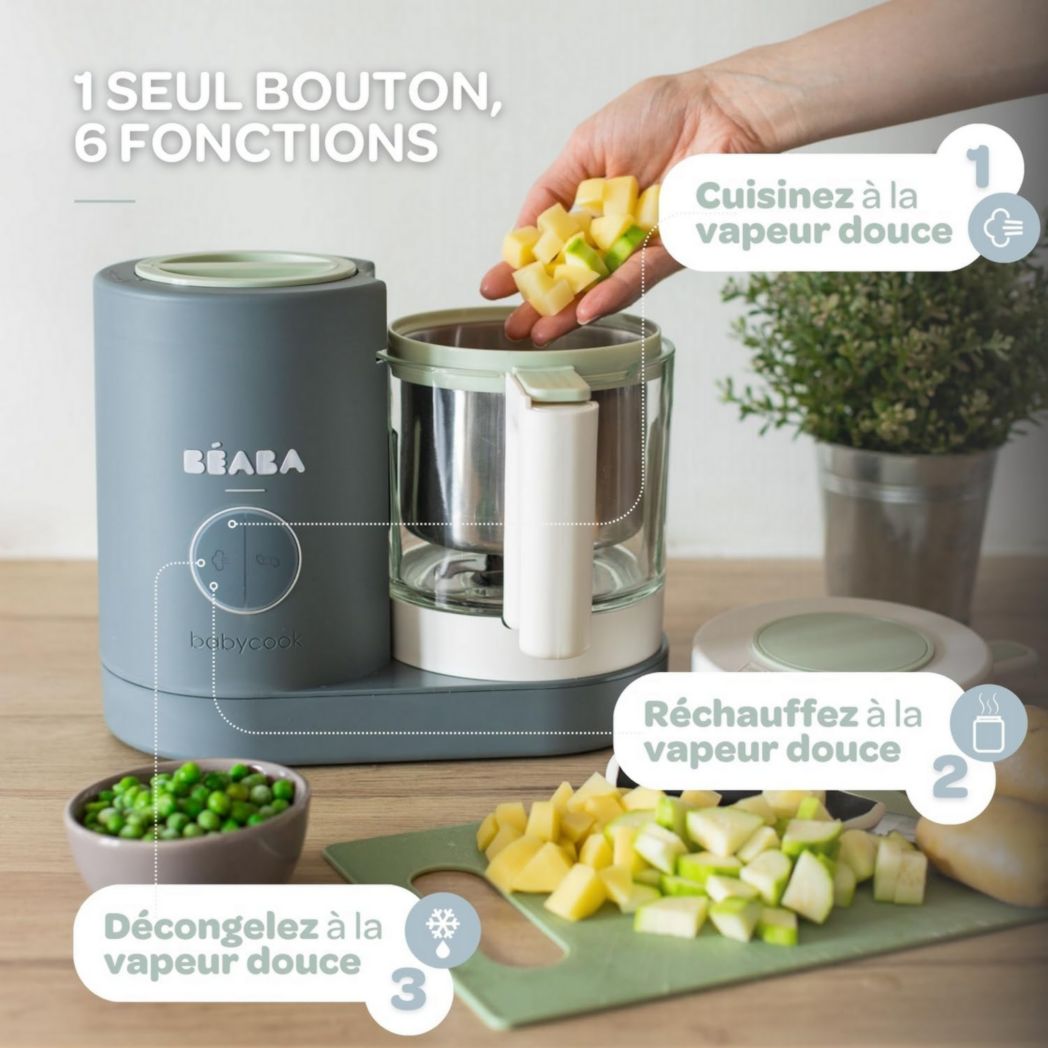 BÉABA, Babycook Néo, Mixeur et Cuiseur Vapeur 6 en 1, Robot Cuiseur Bébé Fabriqué en France, Bol en Verre, Cuve en Inox, Grande Capacité, Diversification des Aliments, Petits Pots Bébé Maison, Rapide, Eucalyptus