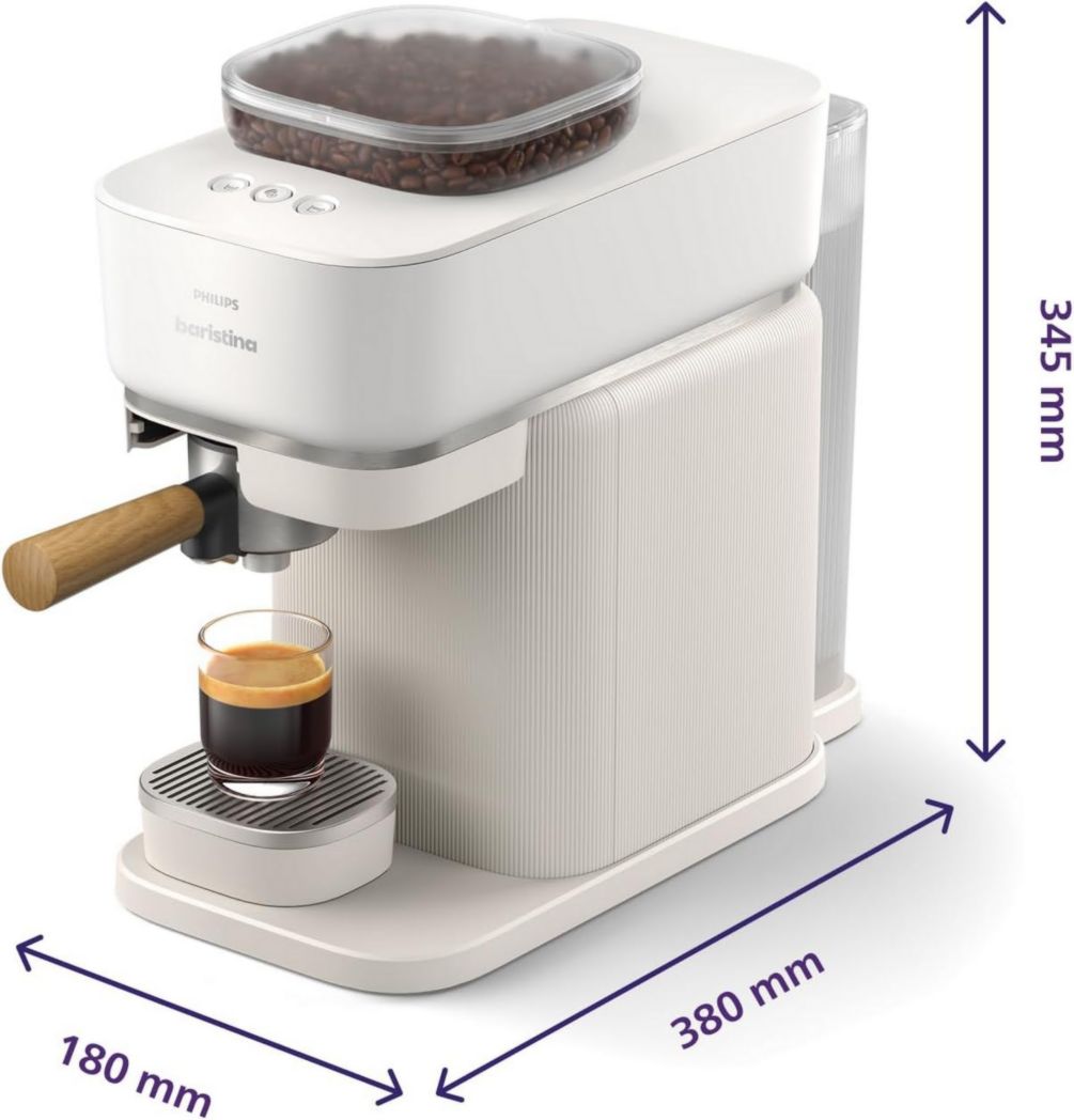Machine à expresso Philips Baristina - Un véritable expresso, en toute simplicité - Compacte - 16 bars de pression - Broyeur intégré - Machine blanche avec porte-filtre blanc (BAR300/00)