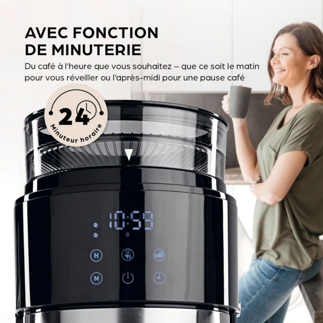 Cafetière filtre Barista avec verseuse isotherme de 1 L pour 12 tasses de café, machine à café à grains avec moulin et affichage numérique, fonction minuterie
