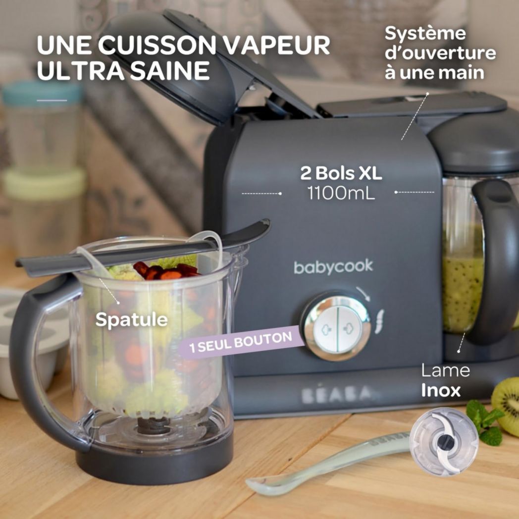 BÉABA, Robot Cuiseur Bébé 4 en 1 Babycook Duo, Mixeur-Cuiseur, Cuisson Vapeur Rapide 15 minutes, Diversification des Aliments, Petits Pots Bébé Maison, Capacité XXL 2200 ml, Noir