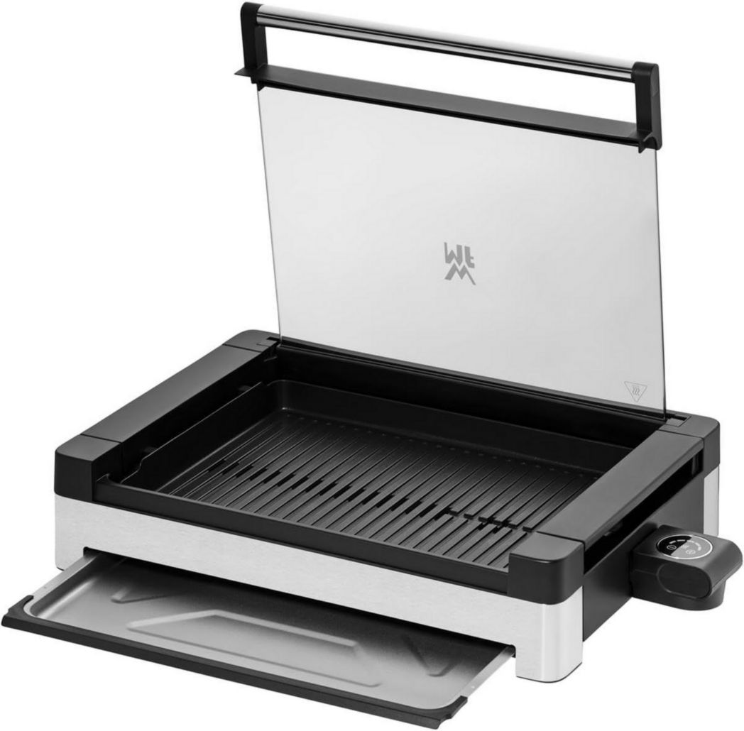 Barbecue électrique de table WMF Lono, acier inoxydable mat, avec couvercle en verre, 2 200 W, plaque de cuisson revêtue