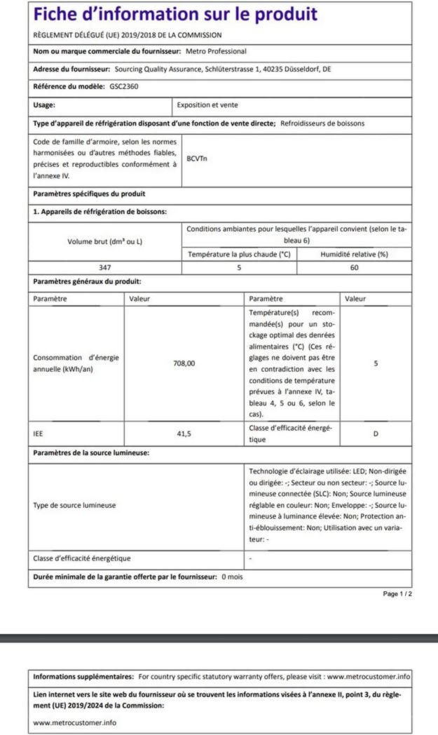 Réfrigérateur à boissons professionnel METRO GSC2360B, acier/verre, 62 x 63,6 x 175,3 cm, 347 L, avec serrure, noir