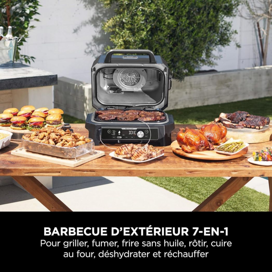 Barbecue et fumoir électrique Ninja Woodfire Pro XL avec thermomètre, barbecue d'extérieur 4 en 1 et friteuse à air avec système de cuisson intelligent et granulés de bois, portable, gris/noir, OG850EU