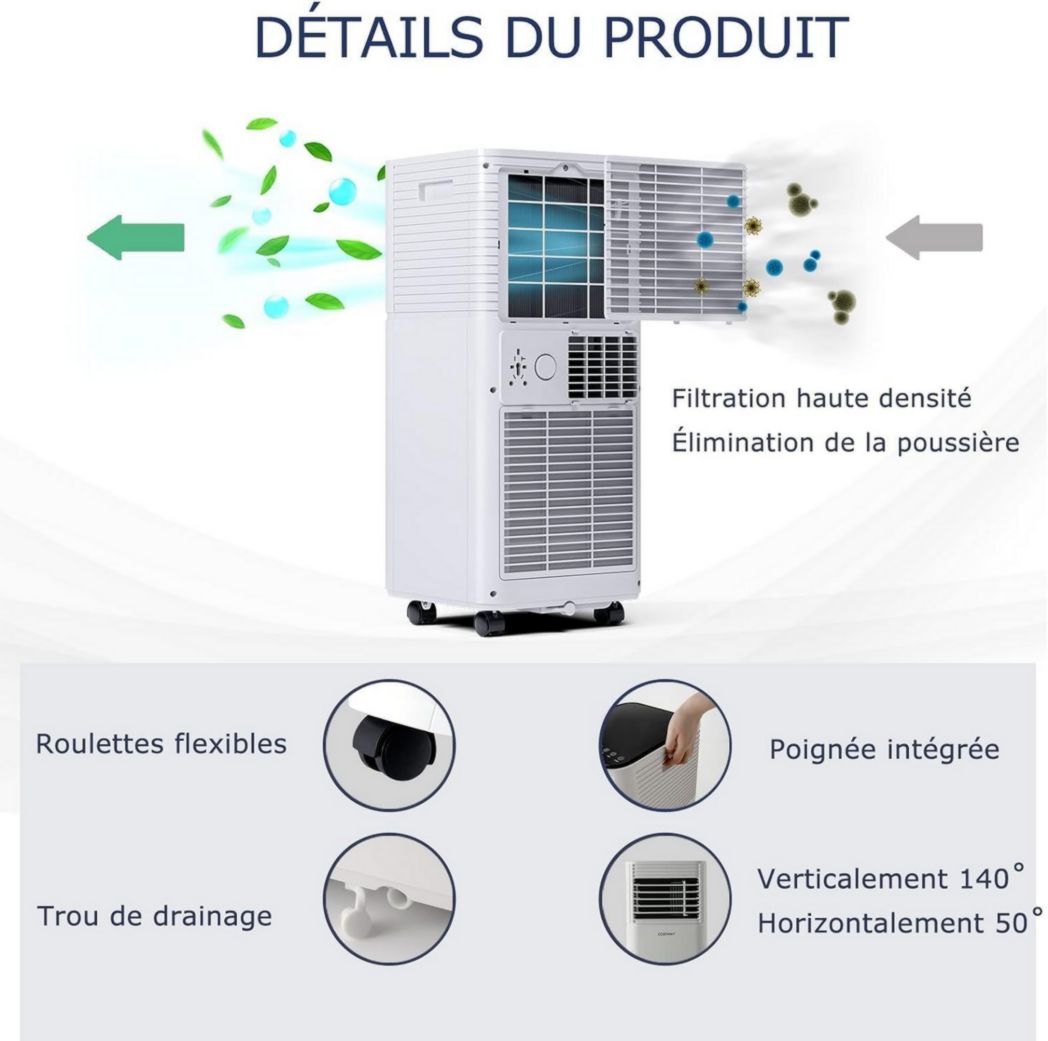 Climatiseur portable GOPLUS 9000 BTU 2,6 kW, 4 en 1, refroidissement, déshumidification, ventilateur, mode nuit, minuterie 24 h, télécommande/écran, 20 ㎡, noir, R290