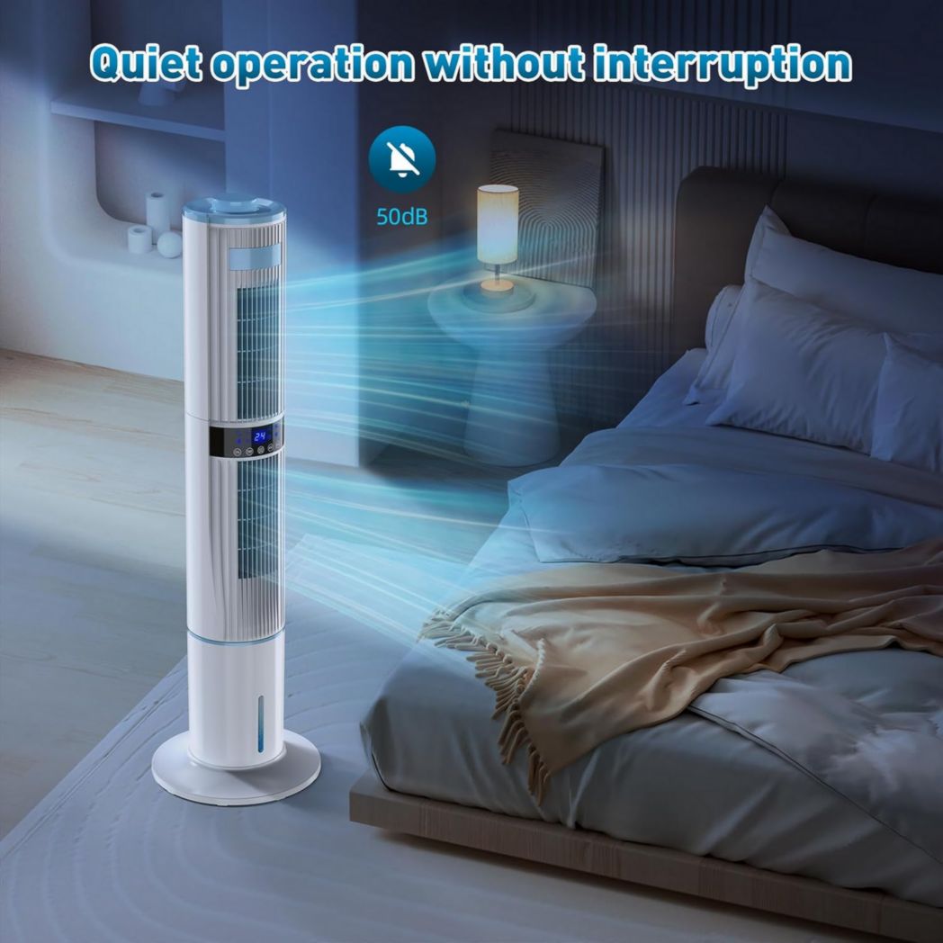 Climatiseur portable silencieux avec humidificateur, ventilateur, 2 sorties d'air, oscillation à 360°, 65 W, minuterie 24 h, 3 vitesses, 4 modes, télécommande pour chambre ou bureau