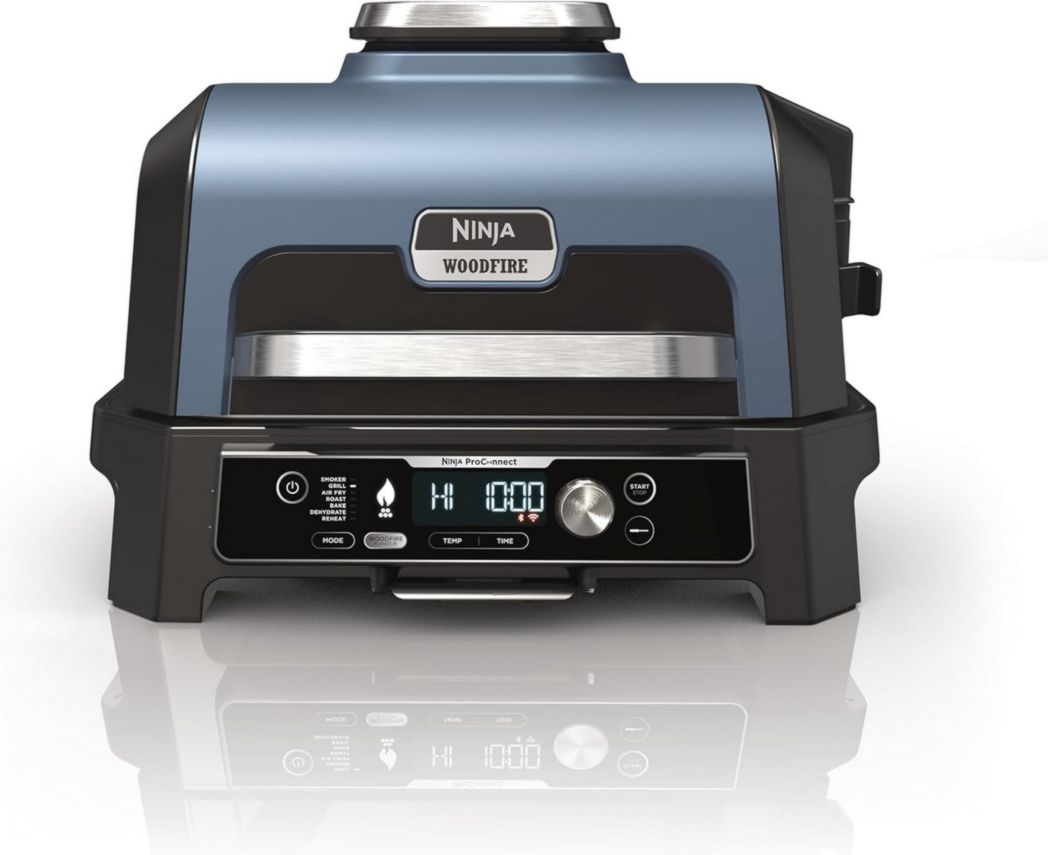 Barbecue et fumoir électrique Ninja Woodfire Pro XL avec thermomètre, barbecue d'extérieur 4 en 1 et friteuse à air avec système de cuisson intelligent et granulés de bois, portable, gris/noir, OG850EU