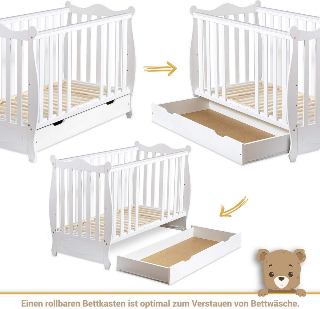 Lit bébé moto-MOLTICO 60x120 cm avec tiroir – Lit en bois réglable en hauteur, transformable en lit enfant avec barrières de sécurité – Lit bébé pour filles et garçons