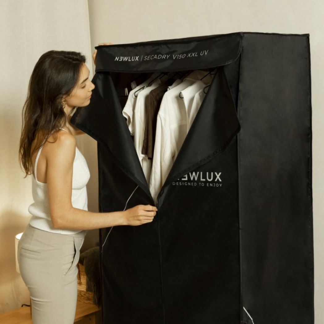 Newlux - Sèche-linge électrique portable Secadry noir avec lampe UV pour la désinfection, 15 kg, température 180 min, 4 niveaux, ventilateur (1200 W), sèche-linge 3 en 1, armoire, sèche-linge