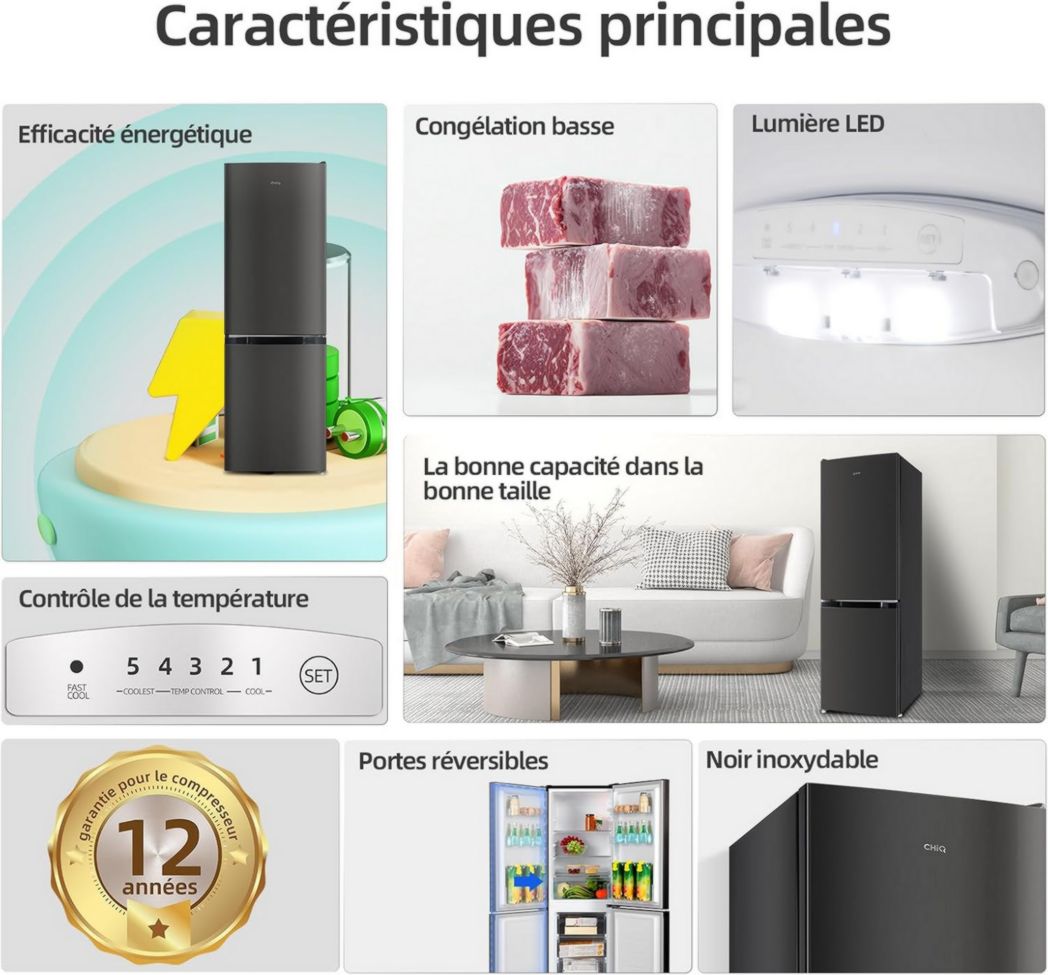 Réfrigérateur congélateur inférieur CHIQ CBM159LEBD 157 litres (109 + 48) Low Frost, faible bruit, refroidissement rapide, faible encombrement