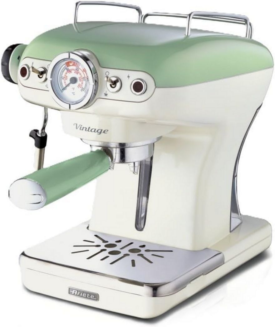 Ariete Espresso Vintage 1389, Machine à expresso pour poudre ou dosettes, 1 et 2 tasses, buse cappuccino, porte-gobelet en acier inoxydable, 15 bars, 850 W, beige