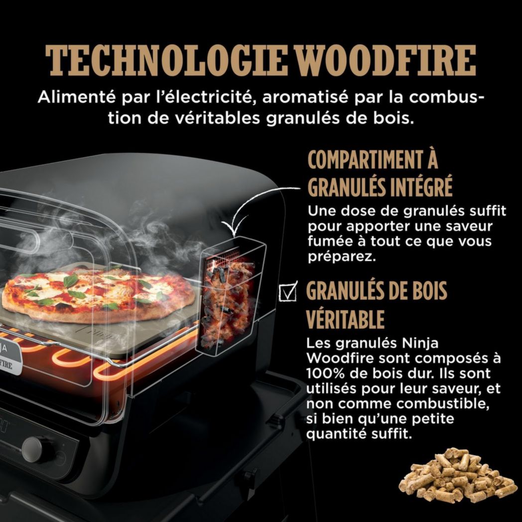 Four à pizza électrique d'extérieur Ninja Woodfire 8 en 1, rôtissoire et fumoir barbecue avec grille, plaque Pro-Heat, pierre à pizza, granulés de bois et pelle, 6 réglages, orange foncé OO101EU