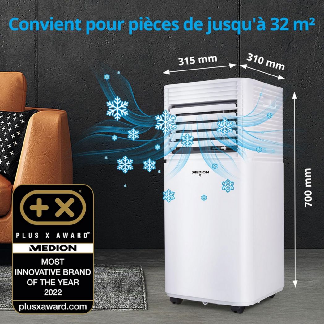 Climatiseur mobile intelligent MEDION P1002 (10 000 BTU, 3 en 1, refroidissement, déshumidification, ventilation, jusqu'à 34 m², kit de joint de fenêtre, mode veille, contrôle Wi-Fi, télécommande, écran, MD 37733)