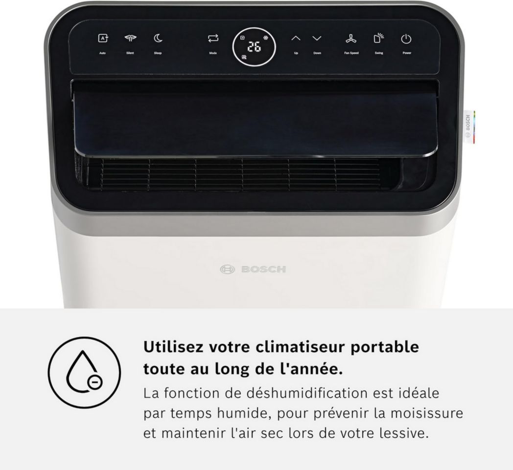 Climatiseur portable Bosch Cool 2000 - 3 en 1 : climatiseur, déshumidificateur, ventilateur - 2,6 kW PAC pour pièces jusqu'à 35 m² - Avec modes automatique, silencieux et veille