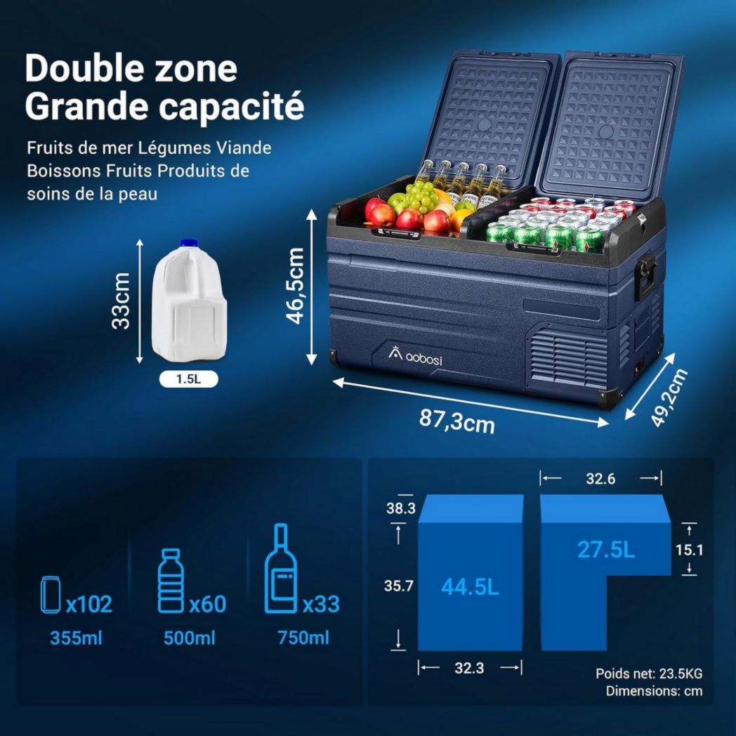 Glacière à compresseur AAOBOSI 46 L, glacière électrique à deux zones, 12 V/24 V et 100-240 V, réfrigérateur de camping, -20 °C à 20 °C, pour voiture, camion, bateau, camping-car