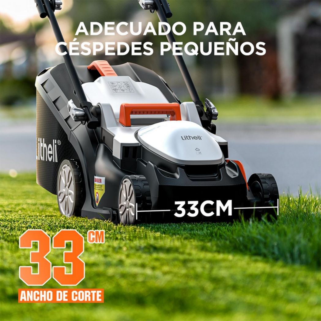 Tondeuse à gazon sans fil Litheli 33 cm, 1 batterie 20 V 4 Ah, hauteur réglable 25-65 mm, bac de ramassage 30 L, pour pelouses jusqu'à 200 m² (jardins et petits espaces)