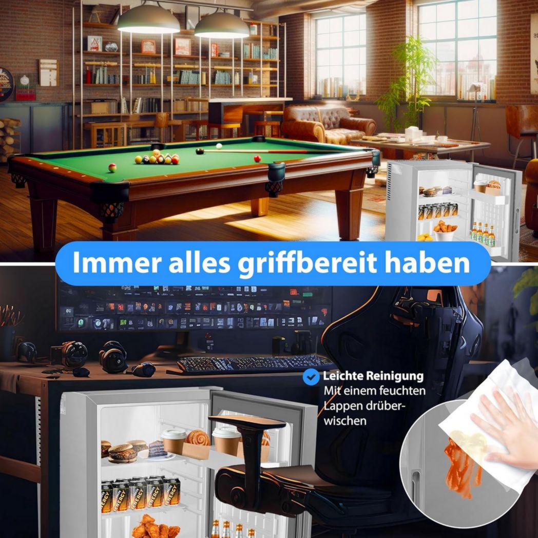 Mini-réfrigérateur KESSER® avec serrure, mini-bar 40 l, silencieux, 22 dB, verrouillable, chambre, butée de porte amovible, environ 4 à 16 °C, hauteur 57 cm, éclairage intérieur