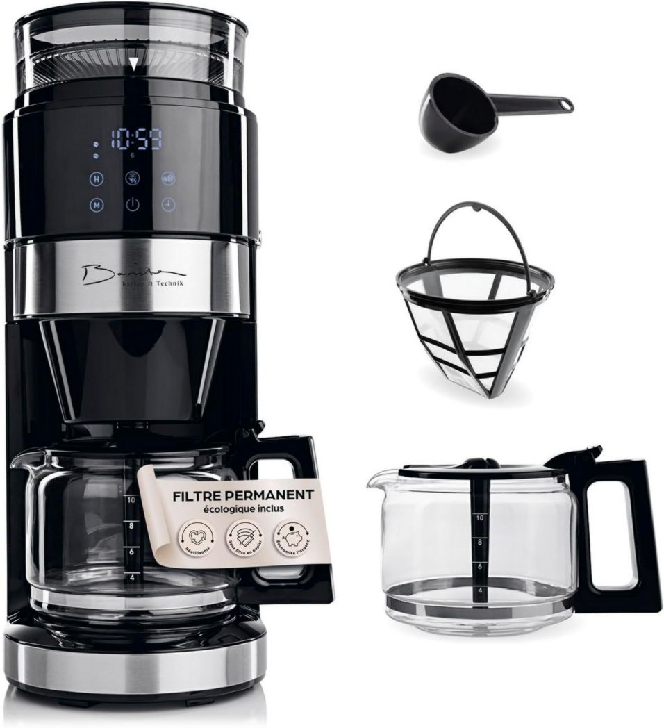 Cafetière filtre Barista avec verseuse isotherme de 1 L pour 12 tasses de café, machine à café à grains avec moulin et affichage numérique, fonction minuterie