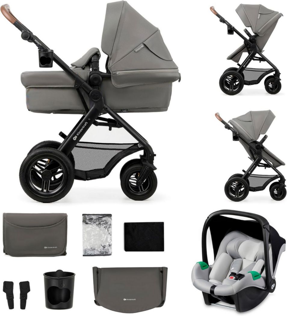 Poussette 3-en-1 Kinderkraft MOOV2, système de voyage de la naissance à 27 kg, siège auto Mink PRO I-Size inclus, pare-soleil extensible avec filtre UPF50+, accessoires pratiques, gris