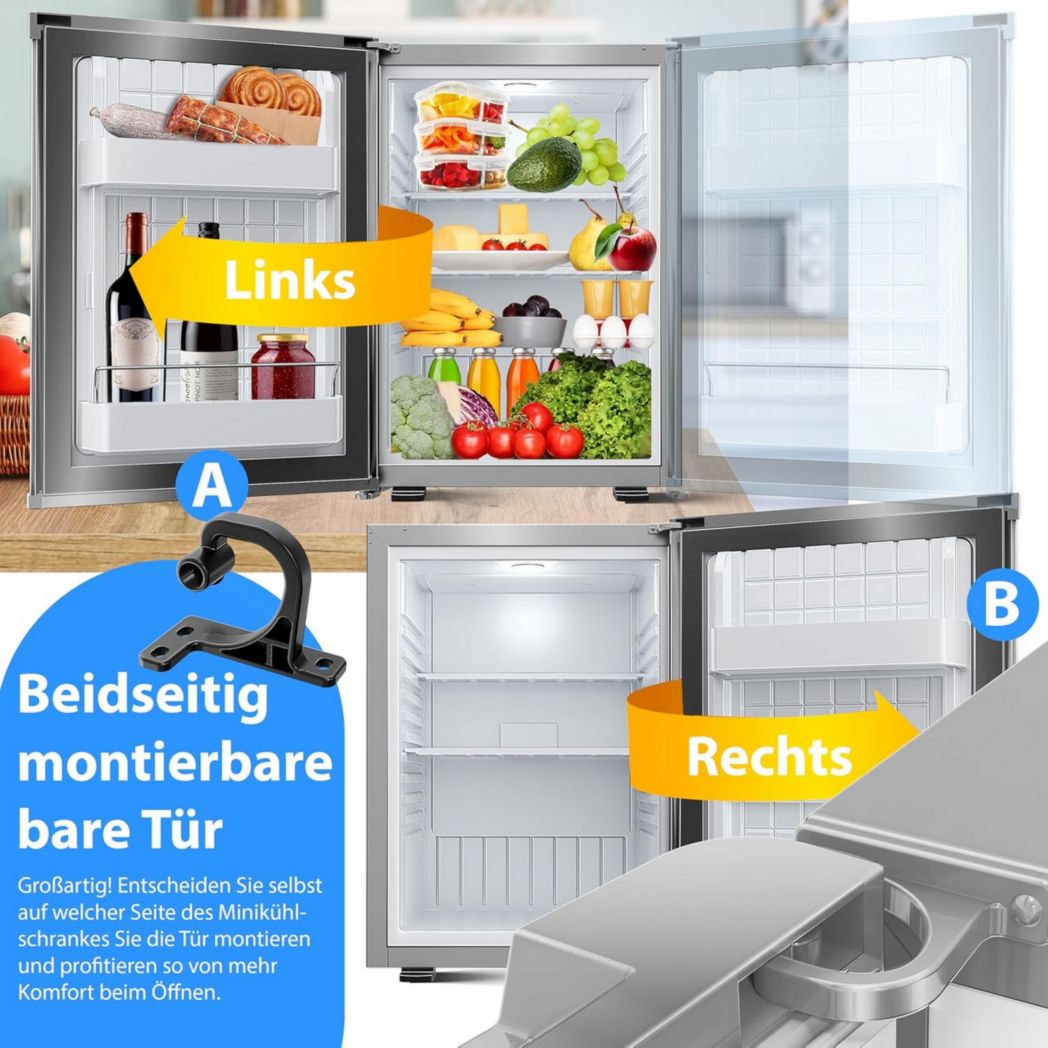 Mini-réfrigérateur KESSER® avec serrure, mini-bar 40 l, silencieux, 22 dB, verrouillable, chambre, butée de porte amovible, environ 4 à 16 °C, hauteur 57 cm, éclairage intérieur