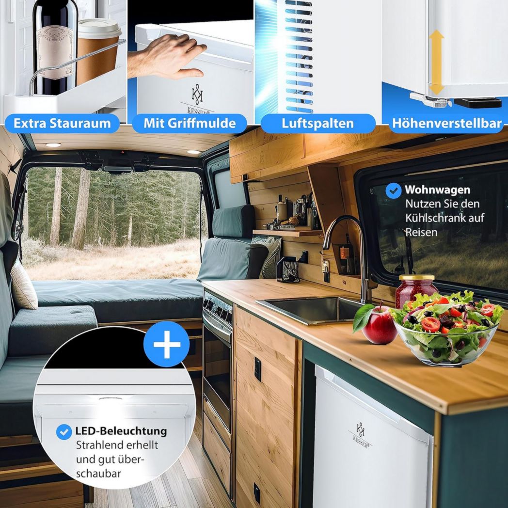 Mini-réfrigérateur KESSER® avec serrure, mini-bar 40 l, silencieux, 22 dB, verrouillable, chambre, butée de porte amovible, environ 4 à 16 °C, hauteur 57 cm, éclairage intérieur