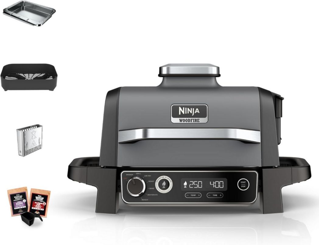 Barbecue et fumoir électrique Ninja Woodfire Pro XL avec thermomètre, barbecue d'extérieur 4 en 1 et friteuse à air avec système de cuisson intelligent et granulés de bois, portable, gris/noir, OG850EU