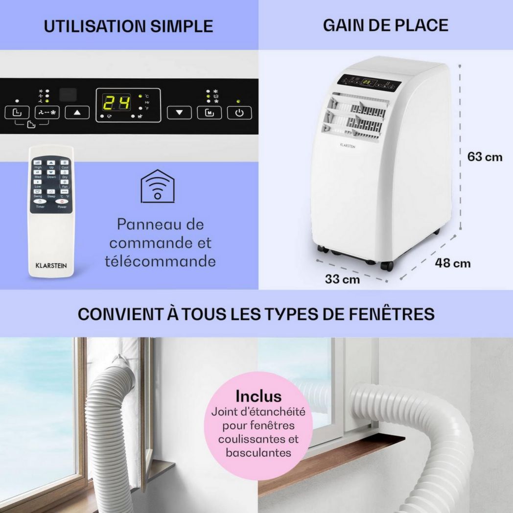 Climatiseur mobile silencieux Klarstein, 4 en 1, mode nuit, déshumidificateur, ventilateur, mini climatiseur basse consommation, évacuation, climatiseur portable, puissant, 10 000 BTU