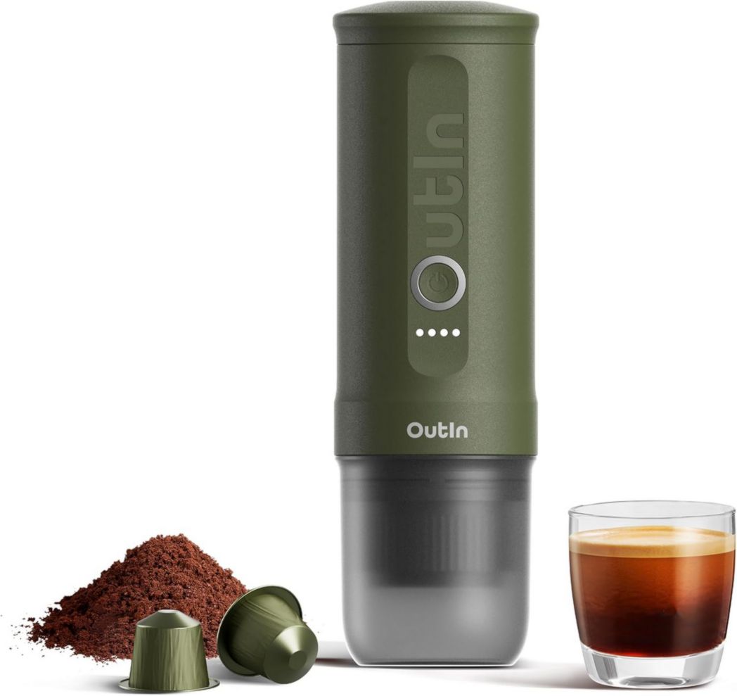 OutIn Nano Mini Machine à expresso portable à piles avec auto-chauffage en 3-4 minutes, petite cafetière de voiture 20 bars 12 V 24 V avec étui de transport, capsules NS (bleu sarcelle)