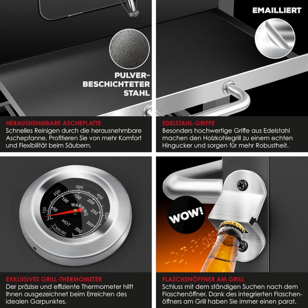 Chariot barbecue KESSER® | Barbecue à charbon XL avec couvercle, roulettes, poignée en acier inoxydable, grille et thermomètre | Grand barbecue à charbon