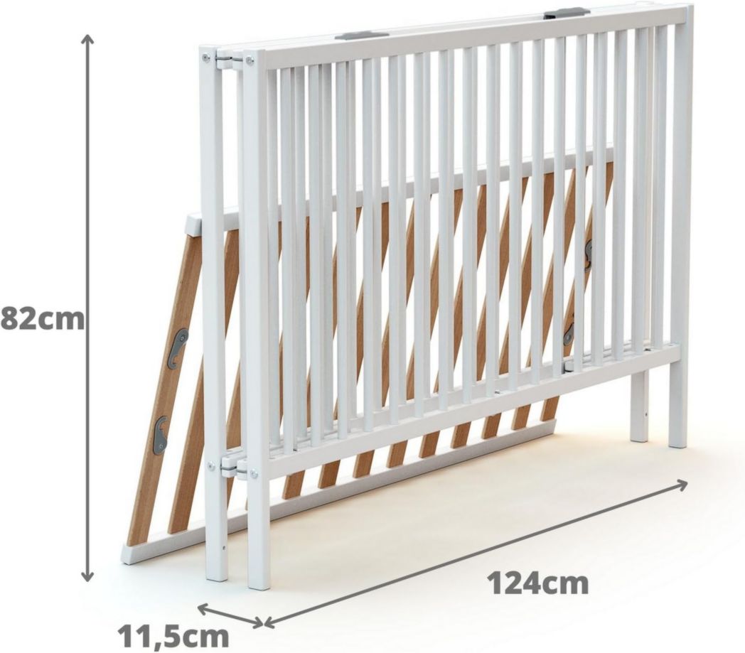 WEBABY - Lit bébé pliant 60 x 120 cm Blanc | Bois massif | Dès la naissance | Confort de couchage | Sommier à lattes | Compact | Transportable | Pliable | Gain de place | Lit de voyage