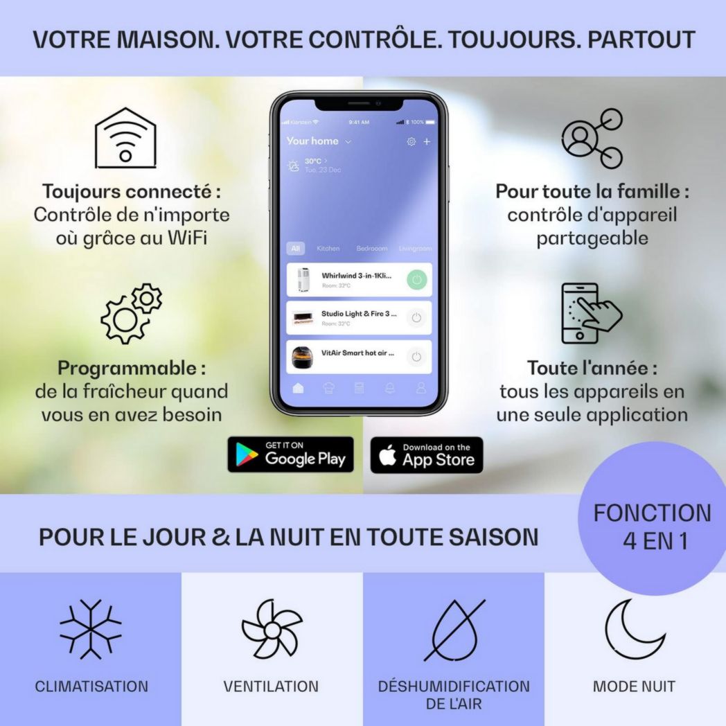 Climatiseur mobile silencieux Klarstein, 4 en 1, mode nuit, déshumidificateur, ventilateur, mini climatiseur basse consommation, évacuation, climatiseur portable, puissant, 10 000 BTU