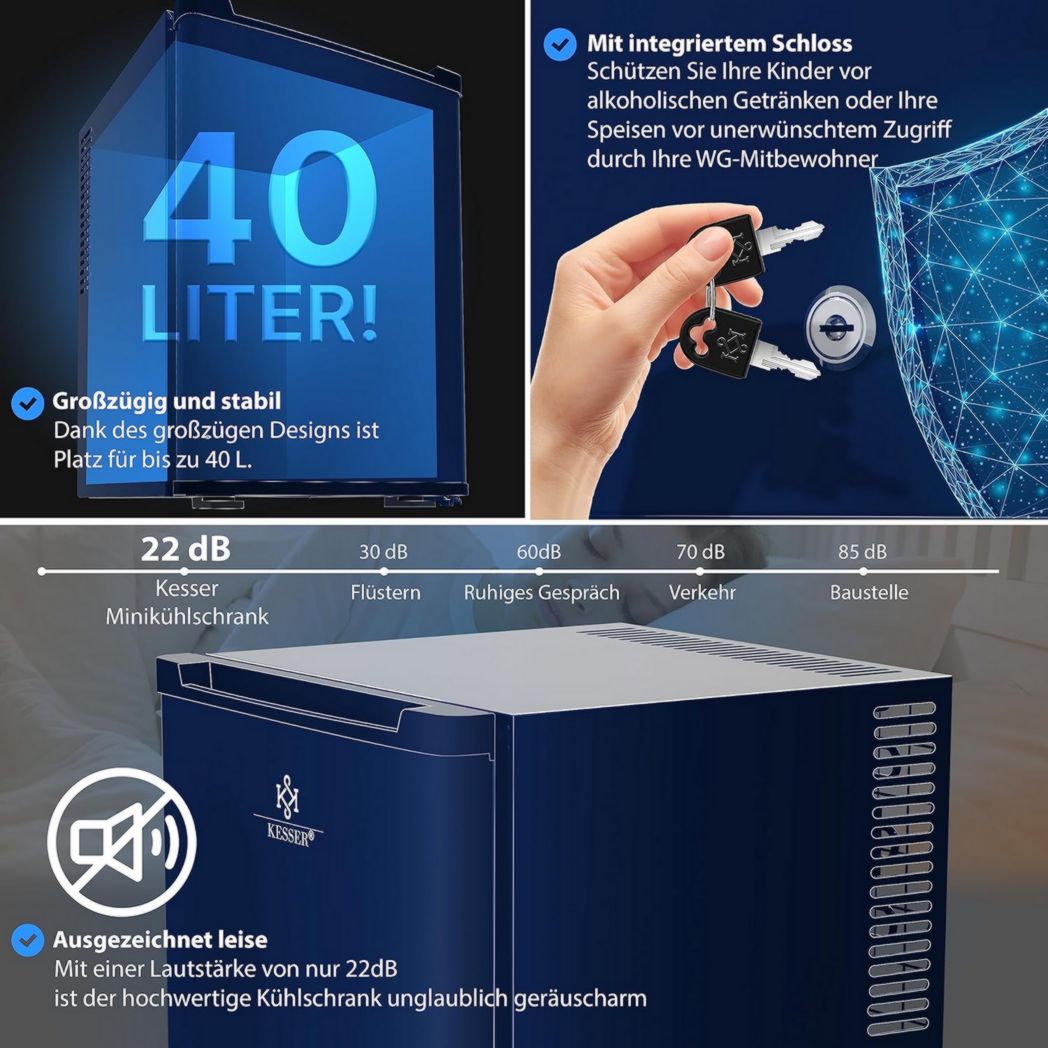 Mini-réfrigérateur KESSER® avec serrure, mini-bar 40 l, silencieux, 22 dB, verrouillable, chambre, butée de porte amovible, environ 4 à 16 °C, hauteur 57 cm, éclairage intérieur