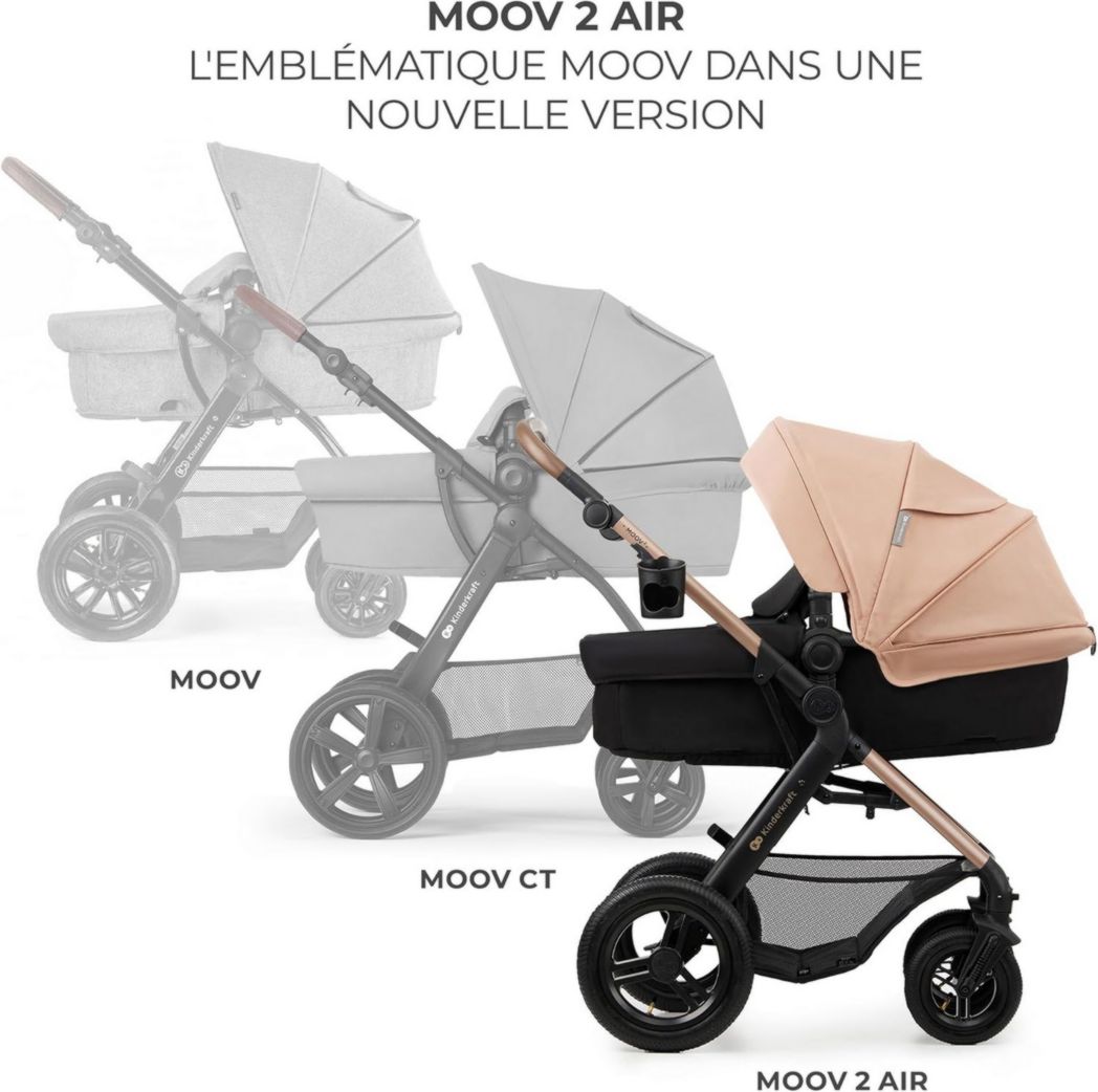 Poussette 3-en-1 Kinderkraft MOOV2, système de voyage de la naissance à 27 kg, siège auto Mink PRO I-Size inclus, pare-soleil extensible avec filtre UPF50+, accessoires pratiques, gris
